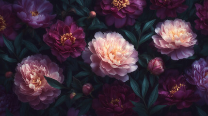 A lush background of peonies in deep shades of purple and pink. A moody, dramatic, and romantic dark floral pattern for wallpaper or fabric.