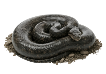 A coiled boa constrictor rests on a bed of small stones, showcasing its intricate scales and dark, sleek texture against a black backdrop.