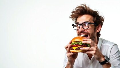 Man with glasses enthusiastically eating hamburger. Enjoying juicy burger with cheese, lettuce, tomato on white background. Young man takes big bite of sandwich, expressing hunger, delight. Fast food