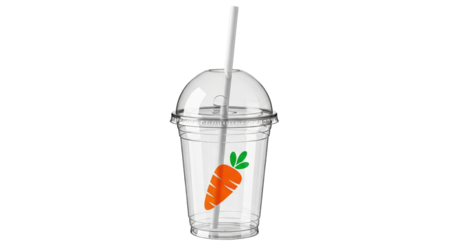 Isolated clear plastic cup with straw and carrot graphic, on a bright surface, mockup