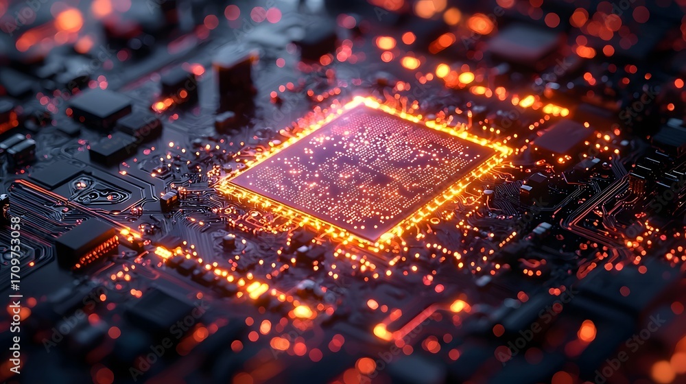 Poster close up of a glowing computer processor chip on a dark circuit board radiating intense orange and p