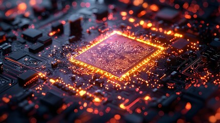 Close up of a glowing computer processor chip on a dark circuit board radiating intense orange and pink light