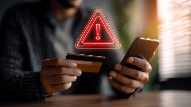 Person's Hands Holding Credit Card and Phone with Red Danger Icon Over Both