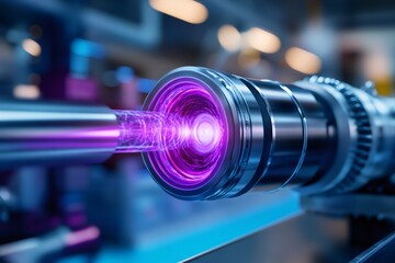 Fototapeta premium Futuristic industrial laser cutting machine emitting powerful purple beam