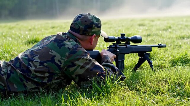 Man in camouflage uniform aiming a sniper rifle at a target from a prone position in a green field, military training footage