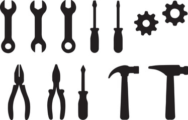 PrintCollection of black silhouette tools and gears on a white background
