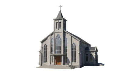 Isolated architectural rendering shows a church building with cross and arch windows
