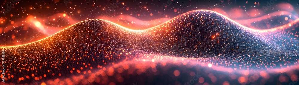 Poster a flowing digital landscape of luminous particles forming dynamic wave patterns against a dark abstr