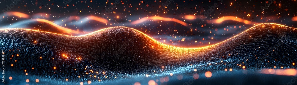 Aufkleber futuristic digital landscape with luminous undulating waves formed by glowing orange and blue partic