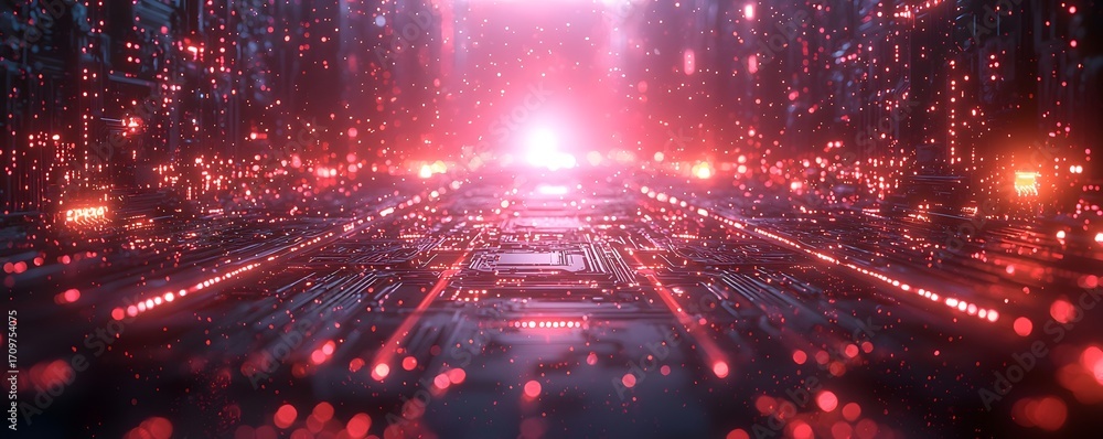 Poster abstract digital circuit network with glowing red and pink lights in a futuristic tunnel