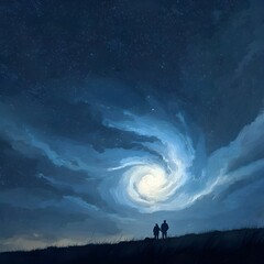 Couple silhouetted against swirling, vibrant night sky filled with stars and a luminous moon.