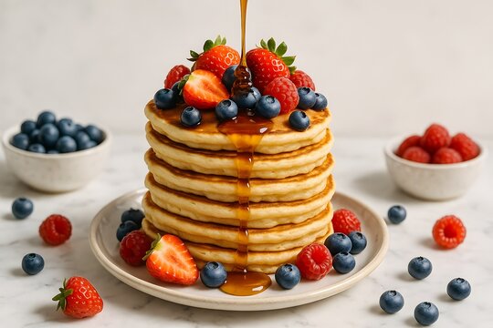 Stack of golden pancakes topped with fresh berries and dripping syrup national pancake day - Powered by Adobe