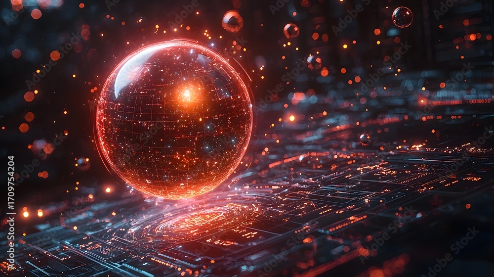Poster a luminous red quantum sphere pulses with energy above a futuristic digital circuit board surrounded