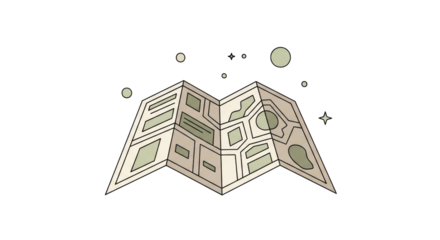 Isolated illustration of a folded map with floating icons for landmarks, adventure, travel