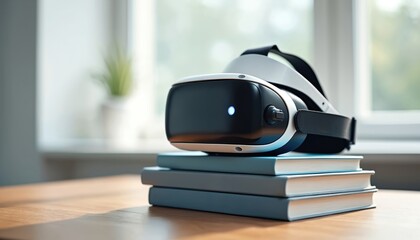 Virtual reality headset rests on stack of books about technology, VR. Modern learning tool for education, digital innovation. Immersive technology for students, researchers exploring future concepts,