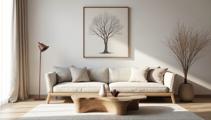 Scandinavian living room features minimalist design with natural textures. Light-colored sofa, unique wooden coffee table, framed artwork of tree create serene ambiance. White walls, neutral rug,
