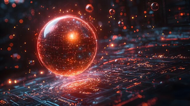 A luminous red quantum sphere pulses with energy above a futuristic digital circuit board surrounded by orbiting particles and lights