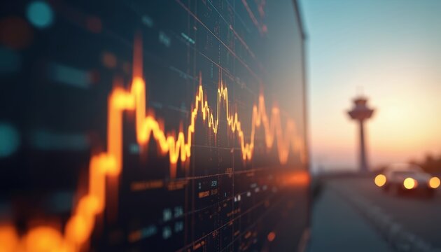 Digital finance graph displays upward trend on screen. Air traffic control tower visible in distance at sunset. Represents investment growth, market analysis, economic progress, business strategy,