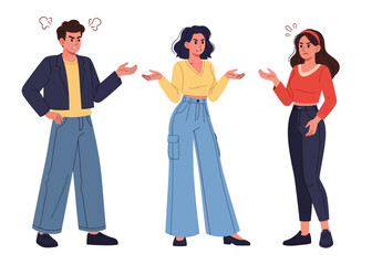 people arguing and expressing emotions with angry facial expressions, body gestures, casual outfits, and winter clothing.
