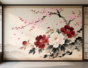 Oriental Floral Wall Mural with Cherry Blossoms and Ink Wash Painting Style