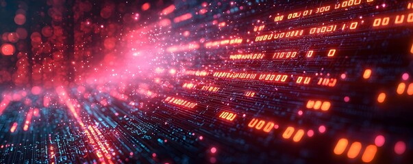 Abstract digital data stream with glowing neon binary code on a futuristic interface background