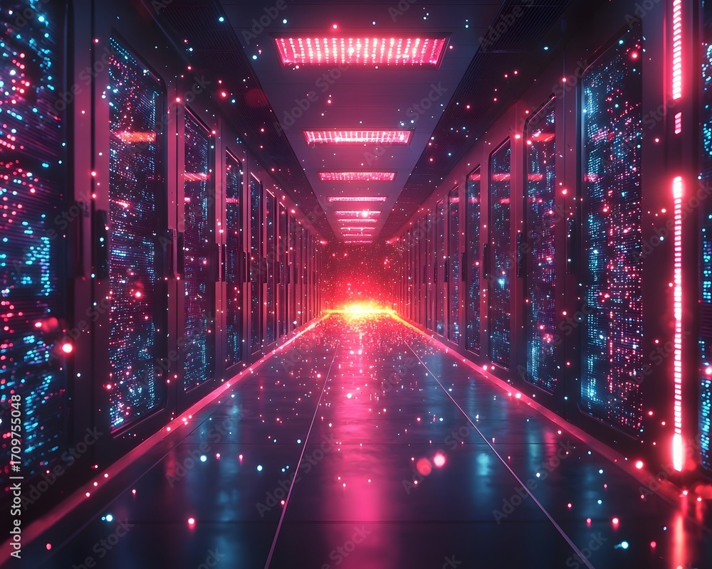 Poster abstract futuristic data center corridor with glowing neon lights and shimmering digital energy part