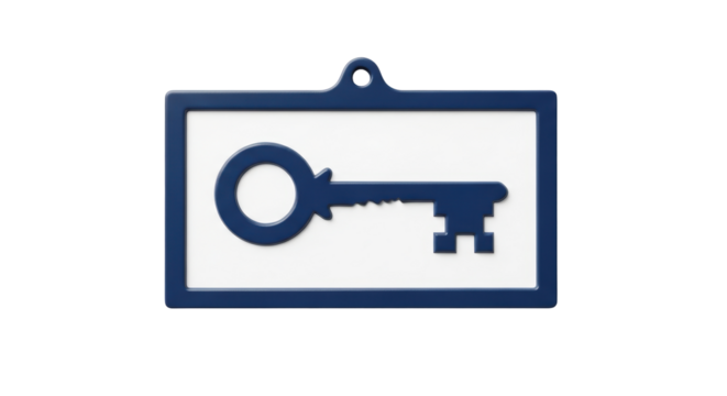 Isolated door key symbol in frame as real estate, property ownership, or protection concept