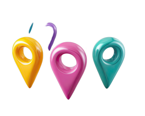 Three colorful, glossy map markers on a black background