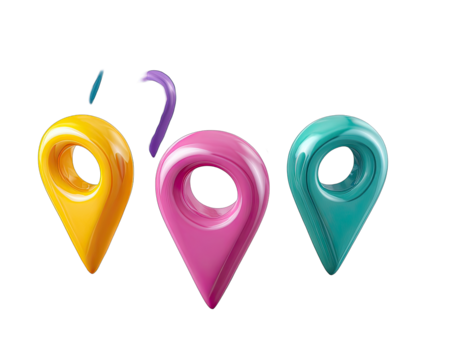 Three colorful, glossy map markers on a black background