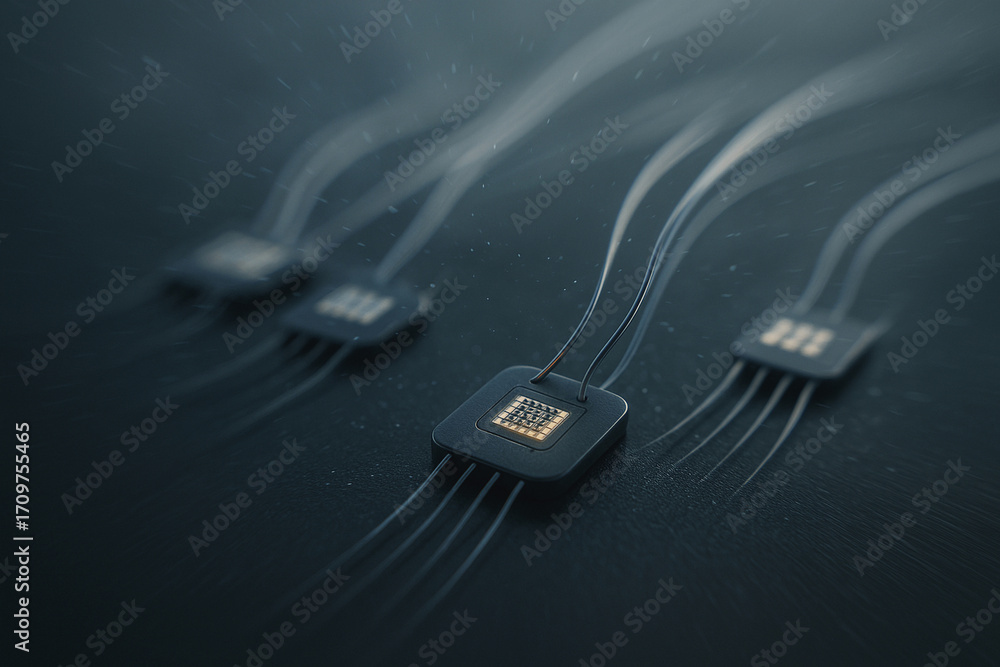Poster abstract technology: an artistic rendering showcases a cluster of microchips, each connected by deli