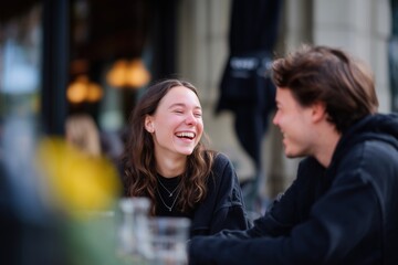 Fototapeta premium Two people enjoying a lively conversation at an outdoor café