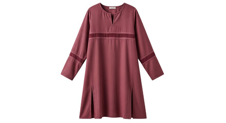 Isolated maroon A-line dress featuring a V-neckline and long sleeves on a mannequin display