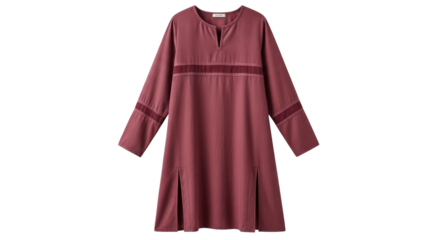 Isolated maroon A-line dress featuring a V-neckline and long sleeves on a mannequin display