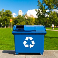 Blue recycling bin in a park
