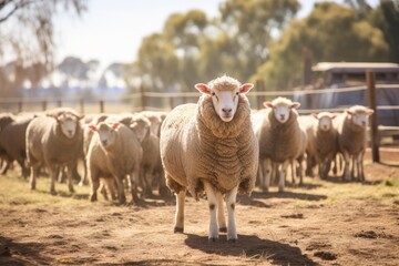 Fototapeta premium Award winning merino sheep stands proudly in the foreground, its thick fleece catching the sunlight, while the rest of the flock follows closely behind on a sunny day
