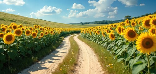 Dirt road curves through vibrant sunflower field under bright blue sky with white clouds. Tall yellow flowers line path, stretching towards horizon. Scene evokes feelings of happiness, freedom,
