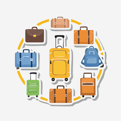 Summer stickers set. Types of baggage for airport collection. Rucksack, suitcase, briefcase and other travel bags, hand luggage and elements. 