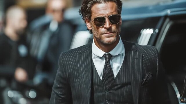 Man in suit getting into limousine