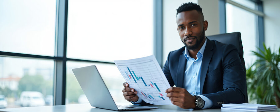 African businessman in suit sits at office desk with laptop, reviewing financial charts. Confidently holds currency quotes, market graphs, appearing focused on work, financial analysis. Modern office