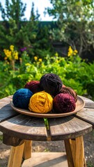 Colorful yarn balls on a rustic wooden plate outdoors
