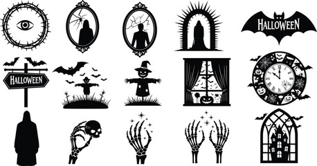 Spooky Halloween vector set with creepy eyes, cracked mirrors, flying bats, scarecrows, skeleton hands, haunted windows, clocks, perfect for Halloween designs.