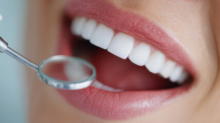 A close-up view of healthy, white teeth being examined with a dental mirror. The image focuses on oral hygiene and dental care, showcasing the importance of maintaining a healthy smile