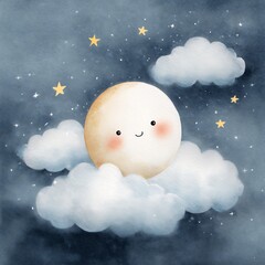 Cute Watercolor Smiling Moon and Stars Nursery Illustration