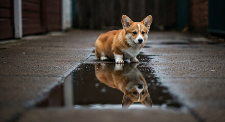 골목의 작은 물웅덩이와 웰시코기4