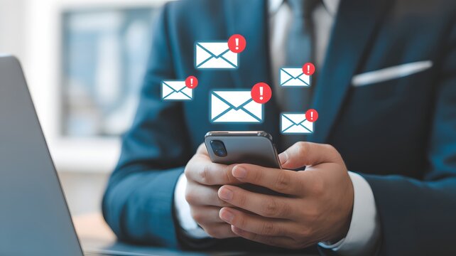 Businessman receive multiple scam email alerts on smartphone while multitasking on laptop. Email notifications, malware, Concept of cybersecurity threat, Phishing scam, Email overload in workplace.
