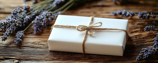 A white gift box tied with twine rests on a rustic wooden surface adorned with fresh lavender sprigs