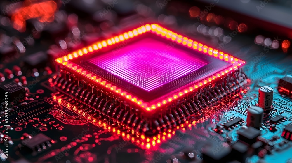 Poster close up of a glowing futuristic computer processor on a circuit board with vibrant neon lights