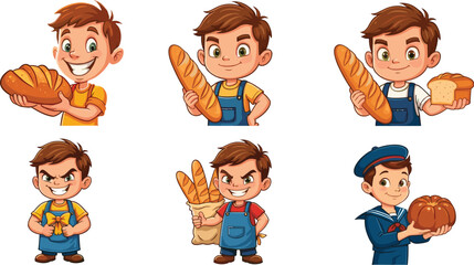 Cartoon boys with bread, bakery characters, baguette, loaf, pretzel, bundt cake, cooking, food, cheerful, cute, fun