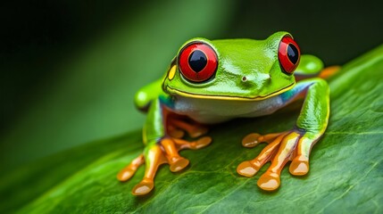 Red eyed tree frog resting on a vibrant green leaf