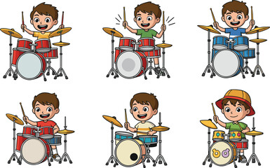 Cartoon children playing drums, musical performance, diverse outfits, expressive poses, drum kits, rhythm, fun, animated illustration